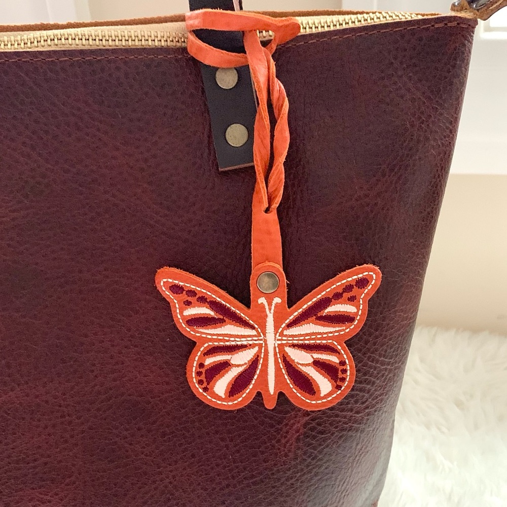 Portland Leather Monarcha Butterfly Bag Charm Tassel orange burgundy brown